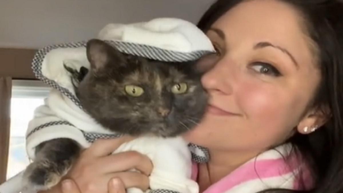 A woman hugs gray cat in a white robe.