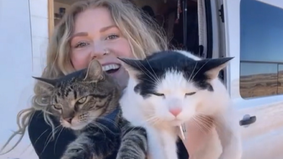 A woman holding two cats smiling.